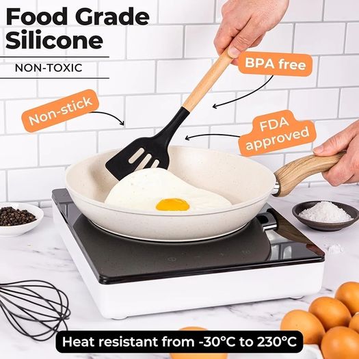 Kitchen Non Stick Cooking Utensils Set Heat Resistant Silicone Utensils with Wooden Handle Ladles, Spoons and Spatulas Set  Kitchen Tools & Accessories 35pcs, Black