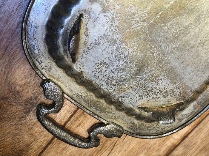 Vintage Silver Plated Butlers Serving Tray Platter Claw Footed 24 inch x 12 inch Leonard English