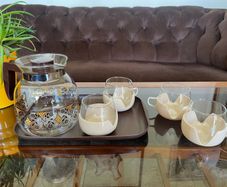 Retro MCM 1970s Dutch Glass Butterfly Coffee Pot with 4 Tulip Cups Mugs With Removable Covers