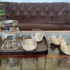 Retro MCM 1970s Dutch Glass Butterfly Coffee Pot with 4 Tulip Cups Mugs With Removable Covers