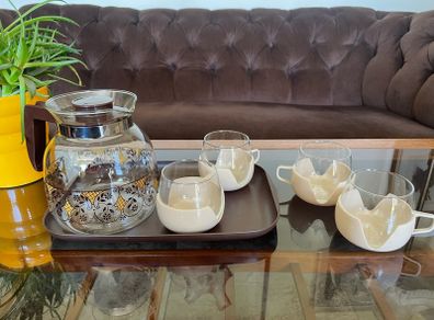 Retro MCM 1970s Dutch Glass Butterfly Coffee Pot with 4 Tulip Cups Mugs With Removable Covers