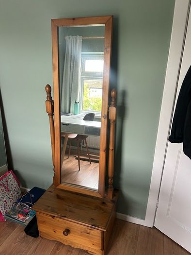 Solid Pine Cheval Mirror with Storage Drawer