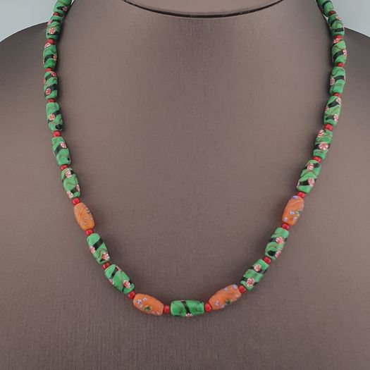 Antique Venetian Style Floral Parrot Green Glass Beads Necklace