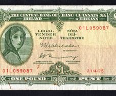 1974 Ireland IR1 Lady Lavery Banknote Series A. Note issued 21/04/75 Serial number 01L059087