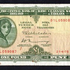 1974 Ireland IR1 Lady Lavery Banknote Series A. Note issued 21/04/75 Serial number 01L059087