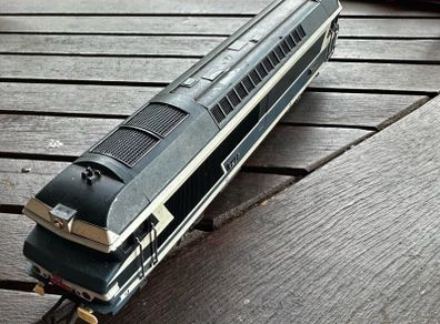 This engine is a vintage Jouef OO scale (1/87) SNCF CC 72001 diesel model locomotive featuring the classic French railway blue and white livery.