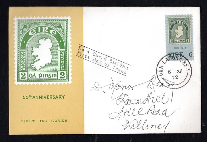 1972 Ireland 50th Anniversary of the First Irish Postage Stamp Commemorative Stamp Illustrated First Day Cover (FDC) with Dun Laoghaire cancel