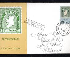 1972 Ireland 50th Anniversary of the First Irish Postage Stamp Commemorative Stamp Illustrated First Day Cover (FDC) with Dun Laoghaire cancel