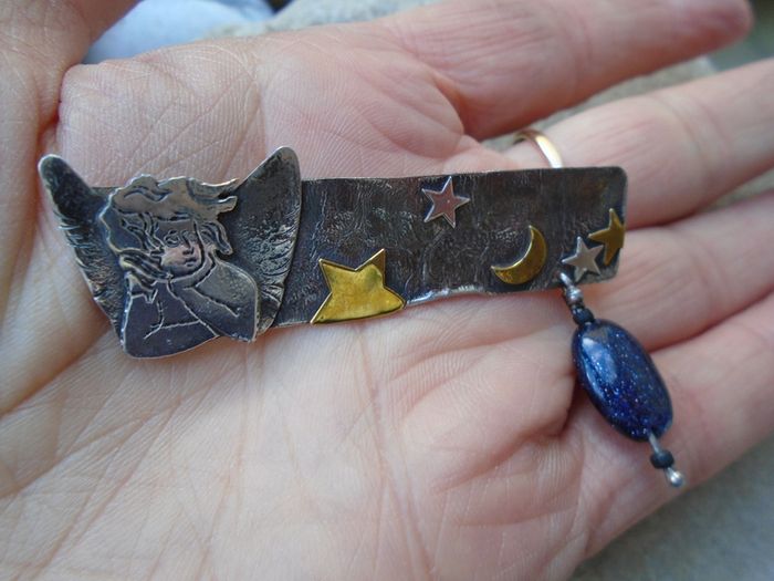 New, Sterling Silver, Angel in Night Sky Brooch, Angel jewellery, Handmade jewellery, New