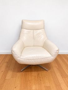 Comfortable Cream Genuine Leather Swivel Recliner Armchair