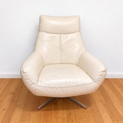 Comfortable Cream Genuine Leather Swivel Recliner Armchair