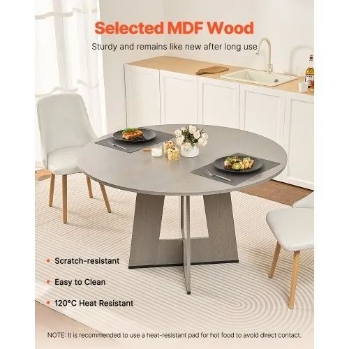 47 inch Wood Table for 4-6 Person, Farmhouse Circle Dinner Furniture, Rustic Leisure Tables with Thick Wooden Legs, for Home Kitchen Living Room, Grey Only Table