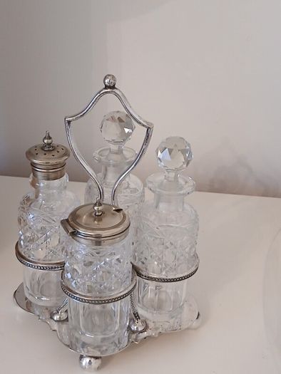 Silver Plated & Crystal Cruet Condiments Set