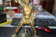 Large Old Bronze or Brass color, Sun God Helios standing over a Ship Statue representing the Colossus of Rhodes, one of the Seven Wonders of the Ancient World, Postage Available or collection,