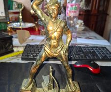 Large Old Bronze or Brass color, Sun God Helios standing over a Ship Statue representing the Colossus of Rhodes, one of the Seven Wonders of the Ancient World, Postage Available or collection,
