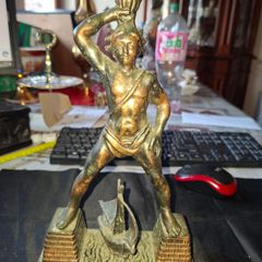 Large Old Bronze or Brass color, Sun God Helios standing over a Ship Statue representing the Colossus of Rhodes, one of the Seven Wonders of the Ancient World, Postage Available or collection,