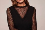 Mint Velvet - Black V Neck Top with Black Lace Sleeves and Neckline Size Medium