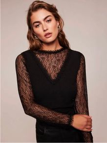 Mint Velvet - Black V Neck Top with Black Lace Sleeves and Neckline Size Medium