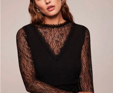 Mint Velvet - Black V Neck Top with Black Lace Sleeves and Neckline Size Medium