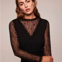 Mint Velvet - Black V Neck Top with Black Lace Sleeves and Neckline Size Medium