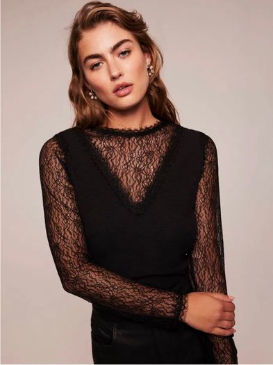 Mint Velvet - Black V Neck Top with Black Lace Sleeves and Neckline Size Medium