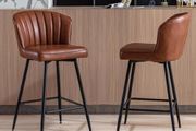 Set of 2 Bar Stools with Black Metal Legs, PU Leather Brown