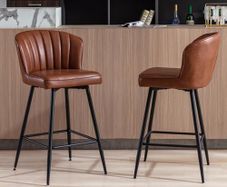 Set of 2 Bar Stools with Black Metal Legs, PU Leather Brown