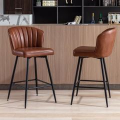 Set of 2 Bar Stools with Black Metal Legs, PU Leather Brown