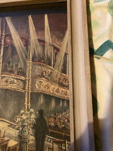 painting This is a striking dramatic artwork depicting a stage performance or lecture scene inside a classic, ornate theatre or opera house.
