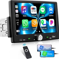 Single Din Car Stereo with Apple CarPlay Android Auto, 7 inch HD Touchscreen 1 Din Car Radio with Bluetooth 5.0, Mirror Link, FM, EQ, Type-C/USB Input, Remote Control