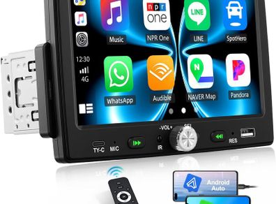 Single Din Car Stereo with Apple CarPlay Android Auto, 7 inch HD Touchscreen 1 Din Car Radio with Bluetooth 5.0, Mirror Link, FM, EQ, Type-C/USB Input, Remote Control