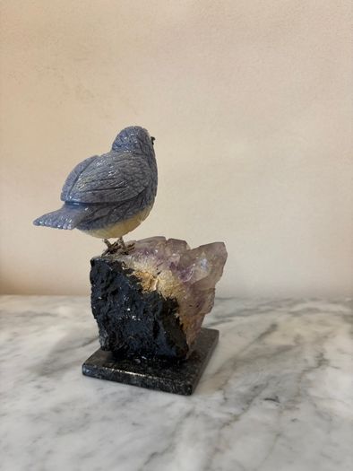 Hand-Carved Blue Tit on Raw Amethyst Cluster Base