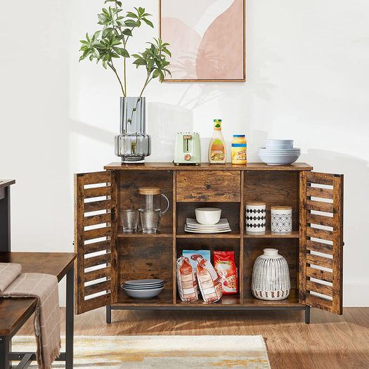 _Sideboard, kitchen cabinet, side cabinet with drawer and lamellar doors, for kitchen, dining room, living room, industrial design, vintage brown-black