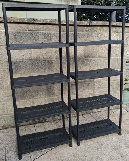 Two 5 Tier plastic shelving units, black plastic