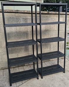 Two 5 Tier plastic shelving units, black plastic