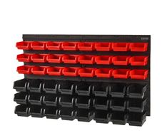 Wall Mounted Storage Bins, 48-Bin Parts Rack Organizer Garage Plastic Shop Tool with Wall Panels, Tool Organizer for Nuts, Bolts, Screws, Nails, Beads, Buttons, Other Small Parts, Black and Red