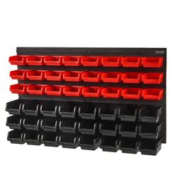 Wall Mounted Storage Bins, 48-Bin Parts Rack Organizer Garage Plastic Shop Tool with Wall Panels, Tool Organizer for Nuts, Bolts, Screws, Nails, Beads, Buttons, Other Small Parts, Black and Red