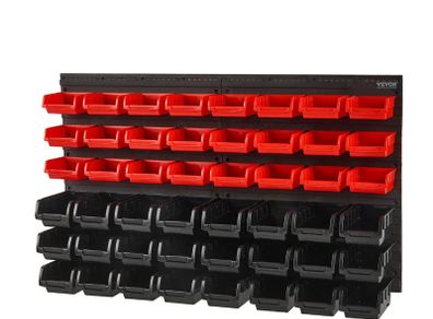 Wall Mounted Storage Bins, 48-Bin Parts Rack Organizer Garage Plastic Shop Tool with Wall Panels, Tool Organizer for Nuts, Bolts, Screws, Nails, Beads, Buttons, Other Small Parts, Black and Red