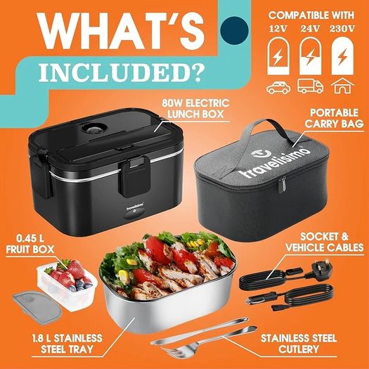 Extra-Large Heated Lunch Box  Holds up to 1.8L  80W Electric Lunch Box, Stainless Steel Heated Lunch Boxes for Adults 3 in 1 for Car, Electric Lunchbox 12V/24V/230V Self Heating Lunchbox