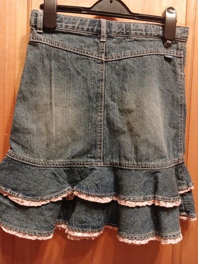 Denim Skirt, Pumpkin Patch, ruffled edge, pale pink ribbon Age 8