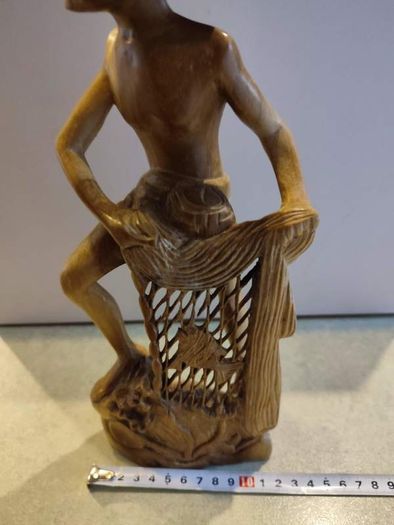 VINTAGE Fisherman with fish / Handmade wooden statue / Indonesian wood