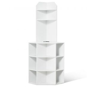 64" Tall Corner Storage Cabinet, 6 Tiers Wooden Storage Cabinet with USB Ports and Outlets & Adjustable Shelves, Freestanding Corner Cabinet for Living Room