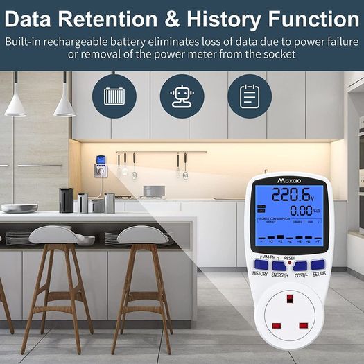Dual Tariffs Electricity Usage Monitor Power Meter Energy UK Plug with Backlight, Maxcio Upgrade Watt Meter Power Consumption Analyzer, Voltage Amps Wattage KWH Energy Saving Meter Outlet Socket 2P