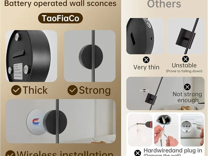 Black Rechargeable Wall Lights with Remote Control - 60CM Modern Battery Operated Wall Lights Indoor for Living Room Bedroom - 3 Color Temperatures Wireless Wall Sconces 2 PackBlack Rechargeable Wall Lights with Remote Control - 60CM Modern Battery Operat