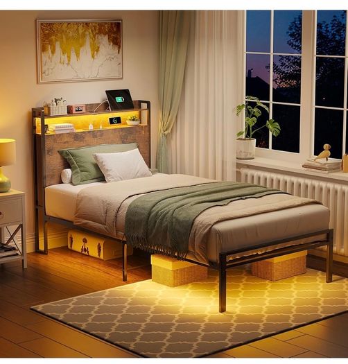 3ft Single Bed Frame with Storage Wooden Headboard, 90x190cm LED Light & Charging Station, Platform Metal Bed Frame Single, with Underbed Storage, Strong Metal Slat Support