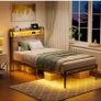 3ft Single Bed Frame with Storage Wooden Headboard, 90x190cm LED Light & Charging Station, Platform Metal Bed Frame Single, with Underbed Storage, Strong Metal Slat Support Image 3
