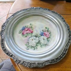Portugueuse hand painted porcelain plate on Pewter