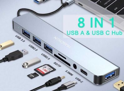 Multi adaptor 8 in 1 USB-C Hub Docking Station USB 3.0, SD TF Reader and 3.5mm Audio