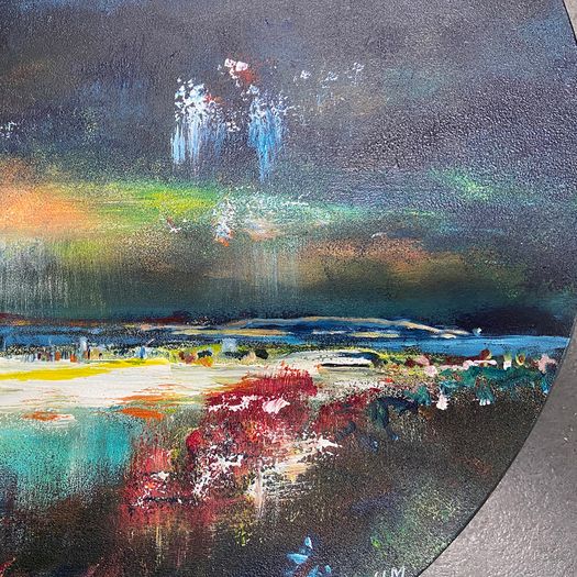 Original painting on a lazy Susan of City Lights on Dublin Bay by artist Helen Mathews