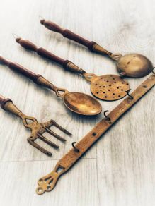 Vintage Brass and Wood Kitchen Utensils with Decorative Hanging Bar, Mid 20th Century